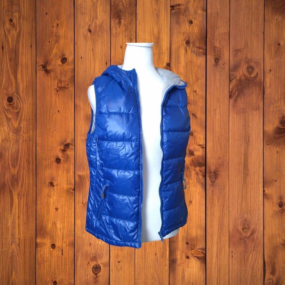 Tangerine Women's Medium Blue Hooded Puffer Vest READ Casual Athleisure - Picture 2 of 6